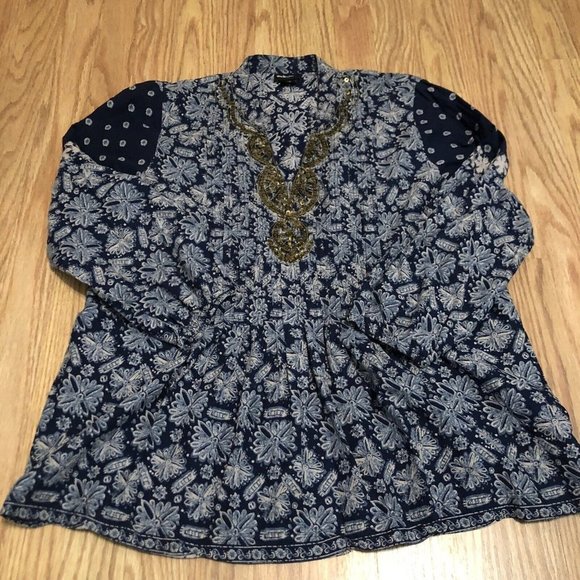 Style & Co  paisely print top beaded Embellished neckline petitie size 12P Flaw - Picture 1 of 10